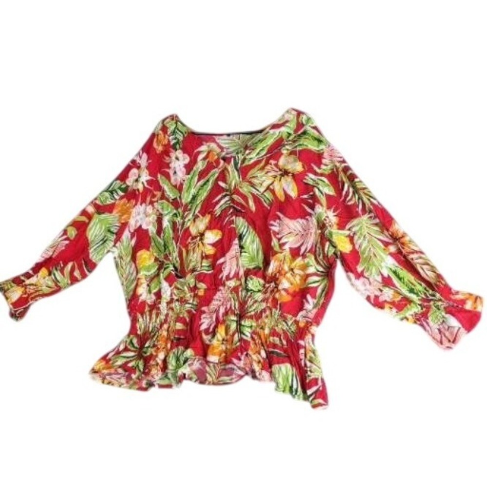Unique Spectrum Womens 3X Floral Blouse Red Multicolor Elastic Waist Boho Casual